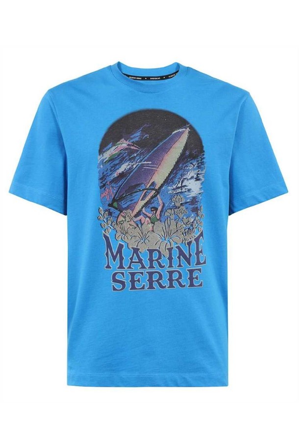 MARINE SERRE - 반팔티셔츠 - 마린세르 남성 티셔츠 Marine Serre UTO099 CJER0009 ORGANIC COTTON PRINTED CREW NECK T shirt   Blue NB24