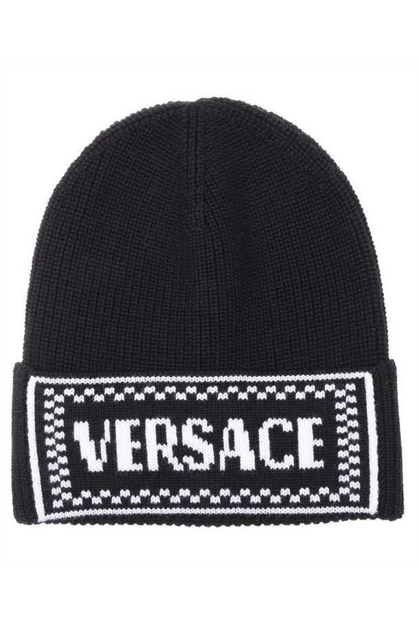 VERSACE - 모자/비니 - 베르사체 여성 모자 Versace 1011494 1A07842 INTARSIA KNIT LOGO Beanie   Black NB24