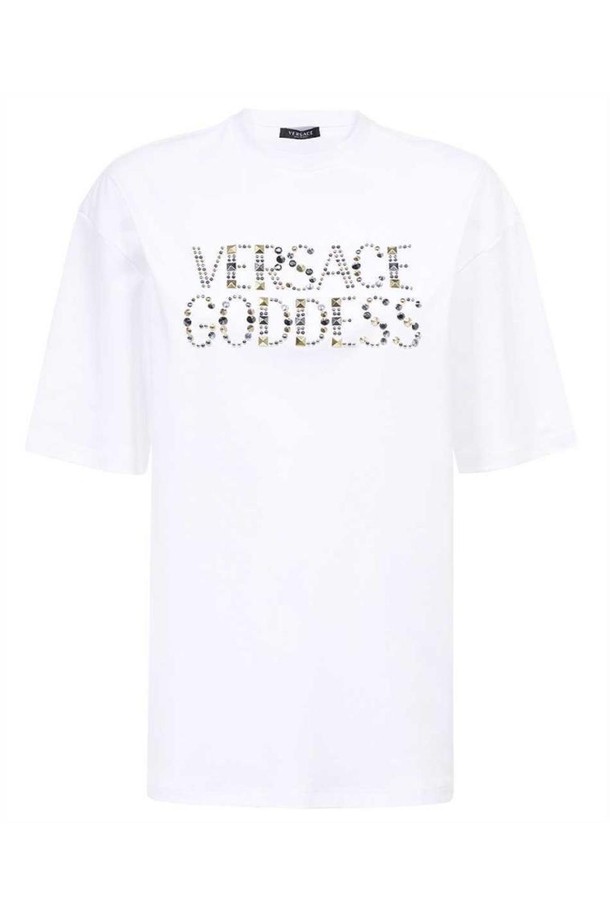 VERSACE - 반팔티셔츠 - 베르사체 여성 티셔츠 Versace 1009089 1A06207 STUDDED VERSACE GODDESS T shirt   White NB24