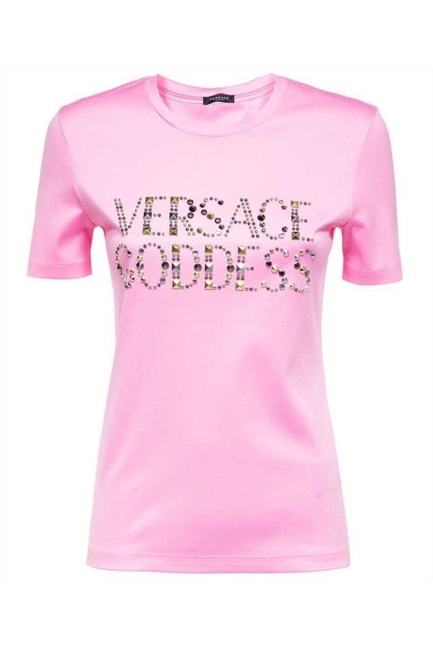 VERSACE - 반팔티셔츠 - 베르사체 여성 티셔츠 Versace 1009199 1A06207 GODDESS STUDDED T shirt   Pink NB24