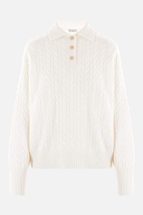 BRUNELLO CUCINELLI - 반소매 티셔츠 - 브루넬로 쿠치넬리 여성 폴로티 cashmere cable knit polo style sweater with monili NB26