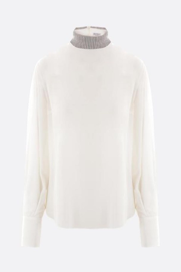 BRUNELLO CUCINELLI - 셔츠 - 브루넬로 쿠치넬리 여성 블라우스 crepe de chine blouse with Precious Ribbed Collar NB26