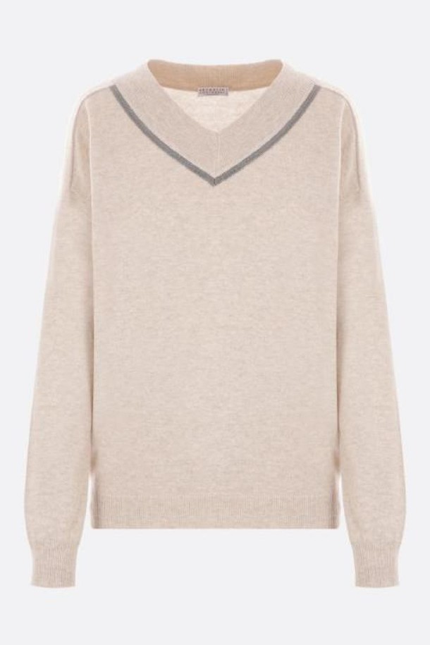 BRUNELLO CUCINELLI - 스웨터 - 브루넬로 쿠치넬리 여성 니트 스웨터 cashmere sweater with Shiny Neckline NB26