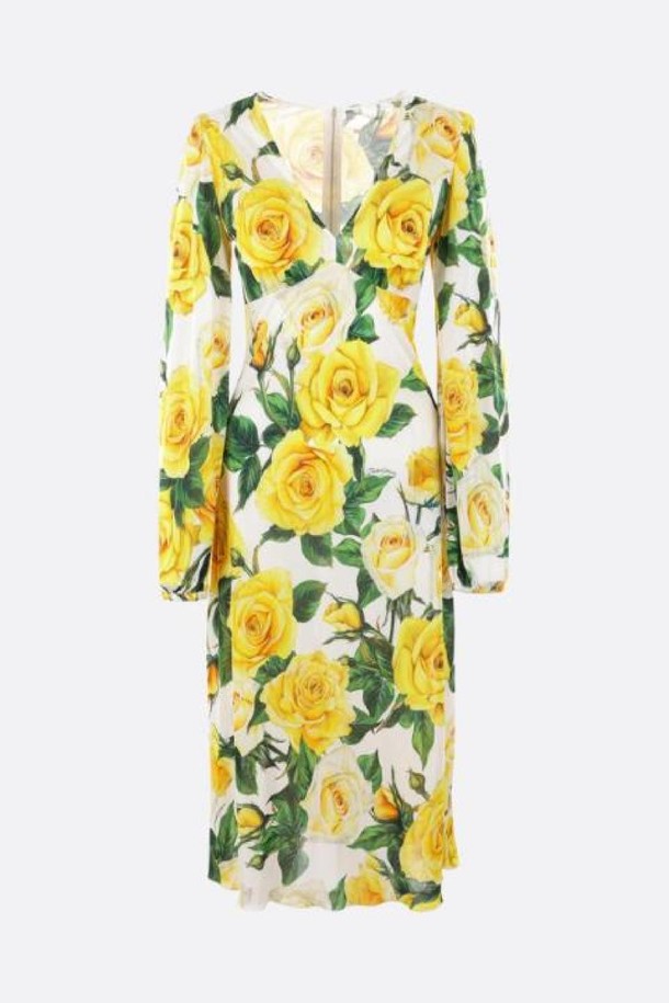 DOLCE & GABBANA - 긴소매 원피스 - 돌체앤가바나 여성 원피스 Yellow Roses printed viscose dress NB26