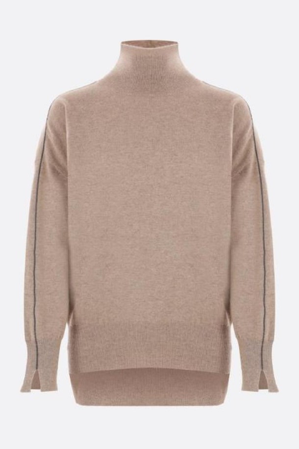 BRUNELLO CUCINELLI - 스웨터 - 브루넬로 쿠치넬리 여성 니트 스웨터 cashmere sweater with Shiny Sleeve Trim NB26