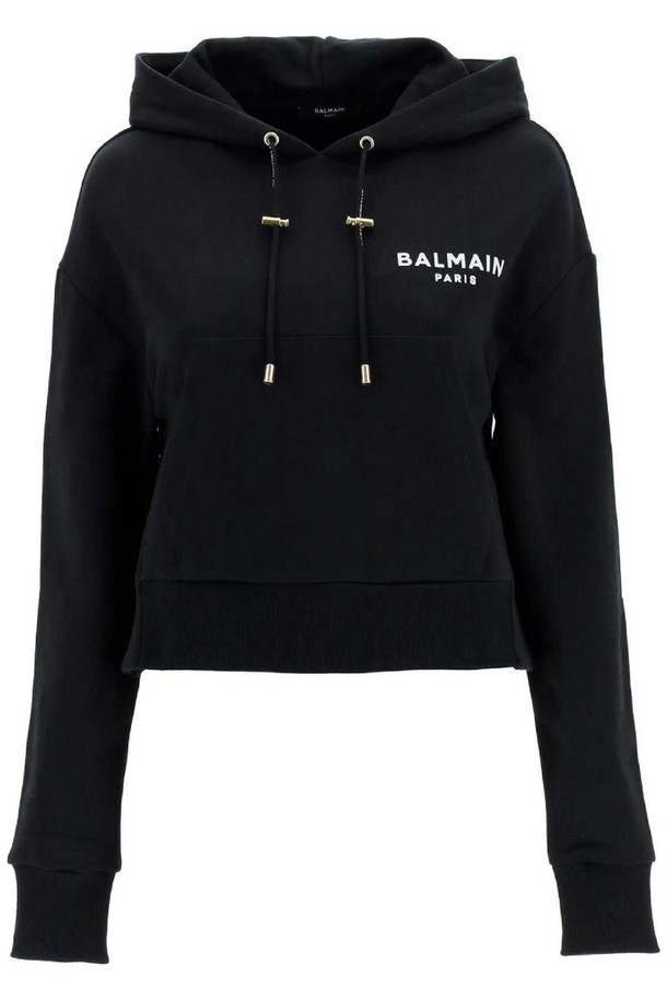 BALMAIN - 스웨터 - 발망 여성 맨투맨 후드 cropped hoodie with flocked logo NB02