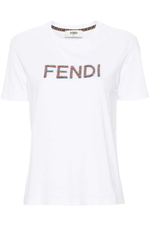 FENDI - 반소매 티셔츠 - 펜디 여성 티셔츠 EMBROIDERED LOGO COTTON T SHIRT NB30