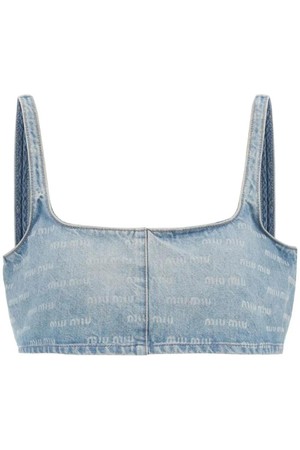 미우미우 여성 티셔츠 denim cropped top with logo pattern NB02