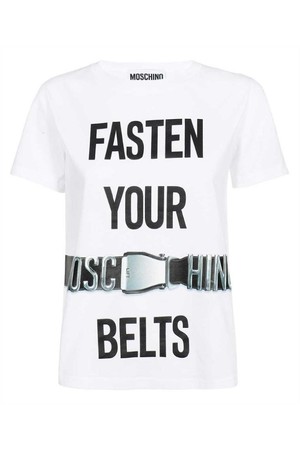 모스키노 여성 티셔츠 Moschino A0711 0541 FASTEN YOUR BELTS ORGANIC JERSEY T shirt   White NB24