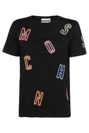 모스키노 여성 티셔츠 Moschino A0702 541 CROCHET LETTERING ORGANIC JERSEY T shirt   Black NB24