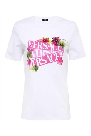 베르사체 여성 티셔츠 Versace 1009082 1A06528 EMBROIDERY ORCHID AND PRINT LOGO T shirt   White NB24