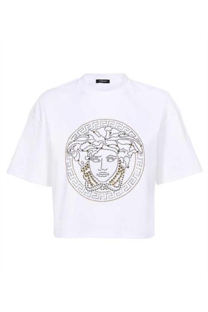 베르사체 여성 티셔츠 Versace 1009083 1A06525 STUDDED MEDUSA CROP T shirt   White NB24