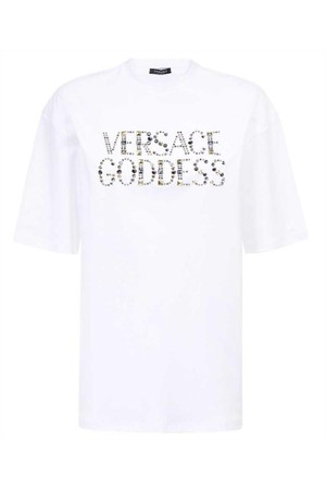 베르사체 여성 티셔츠 Versace 1009089 1A06207 STUDDED VERSACE GODDESS T shirt   White NB24