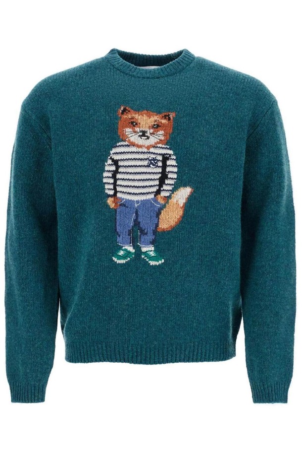 MAISON KITSUNE - 스웨터 - 메종 키츠네 남성 스웨터 green wool sweater with fox intarsia NB02