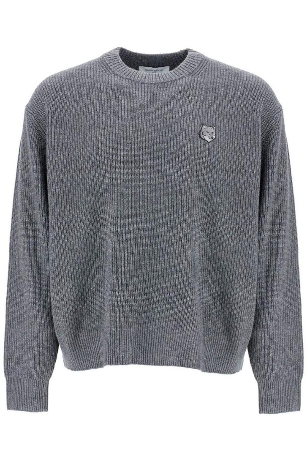 MAISON KITSUNE - 스웨터 - 메종 키츠네 남성 스웨터 gray melange wool sweater with embroidered fox logo NB02