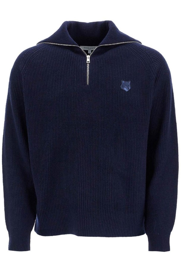 MAISON KITSUNE - 스웨터 - 메종 키츠네 남성 스웨터 ink blue wool sweater with fox head patch and half zip NB02