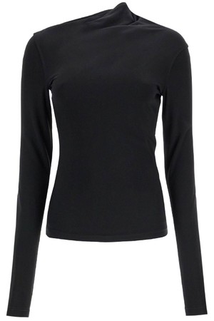 토템 여성 티셔츠 black draped jersey top with long sleeves and wide neck slim fit NB02