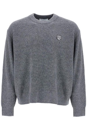 메종 키츠네 남성 스웨터 gray melange wool sweater with embroidered fox logo NB02