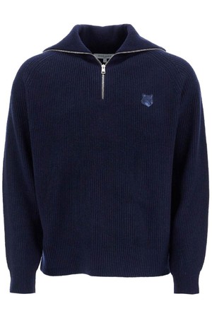 메종 키츠네 남성 스웨터 ink blue wool sweater with fox head patch and half zip NB02