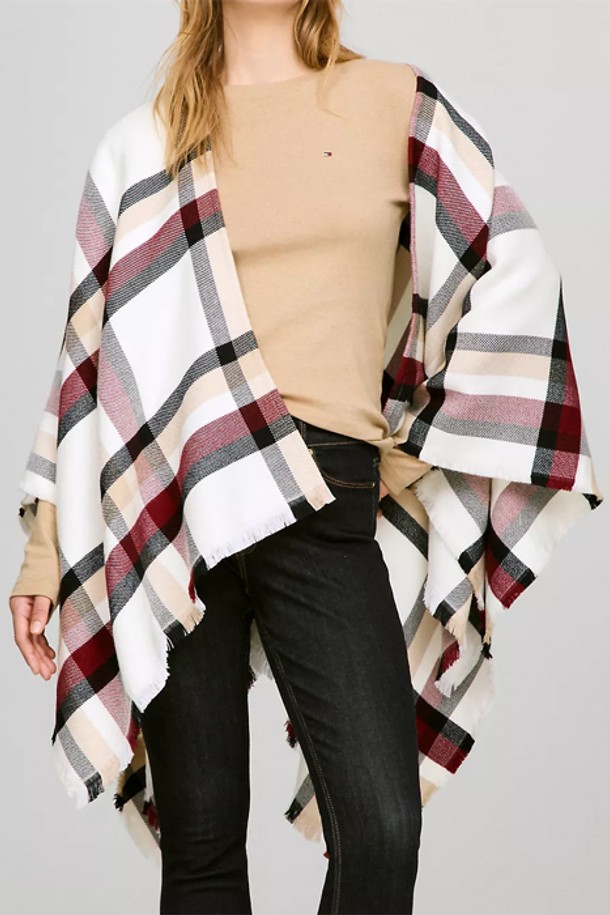 TOMMY HILFIGER - 가디건 - 타미힐피거 여성 시그니처 Plaid 케이프 White Multi