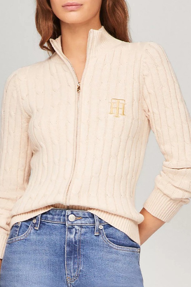 TOMMY HILFIGER - 가디건 - 타미힐피거 여성 목넥 TH 로고 가디건 Beige Heather