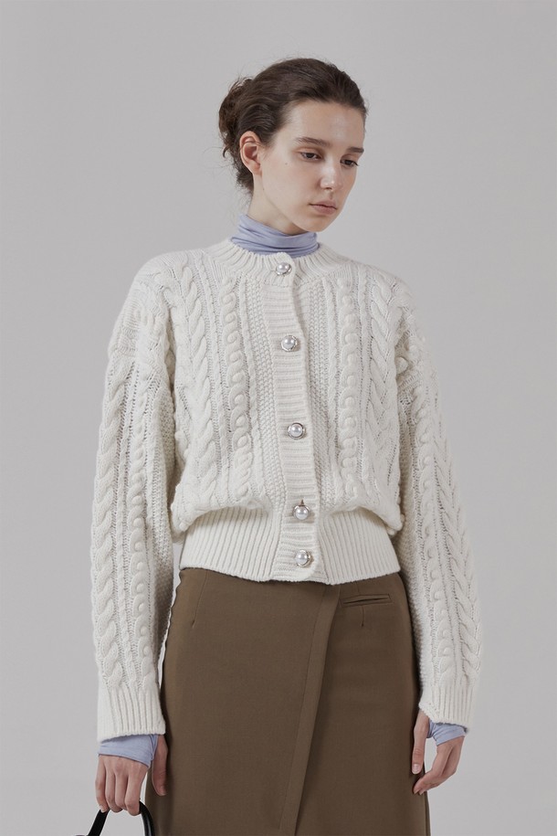 pelote - 가디건 - Twist Semi-Crop Cashmere Wool Knit Cardigan