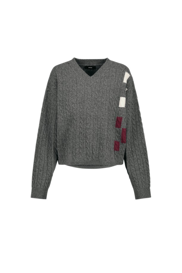 pelote - 스웨터 - Cable V-Neck Wool Semi-crop Pattern Knit