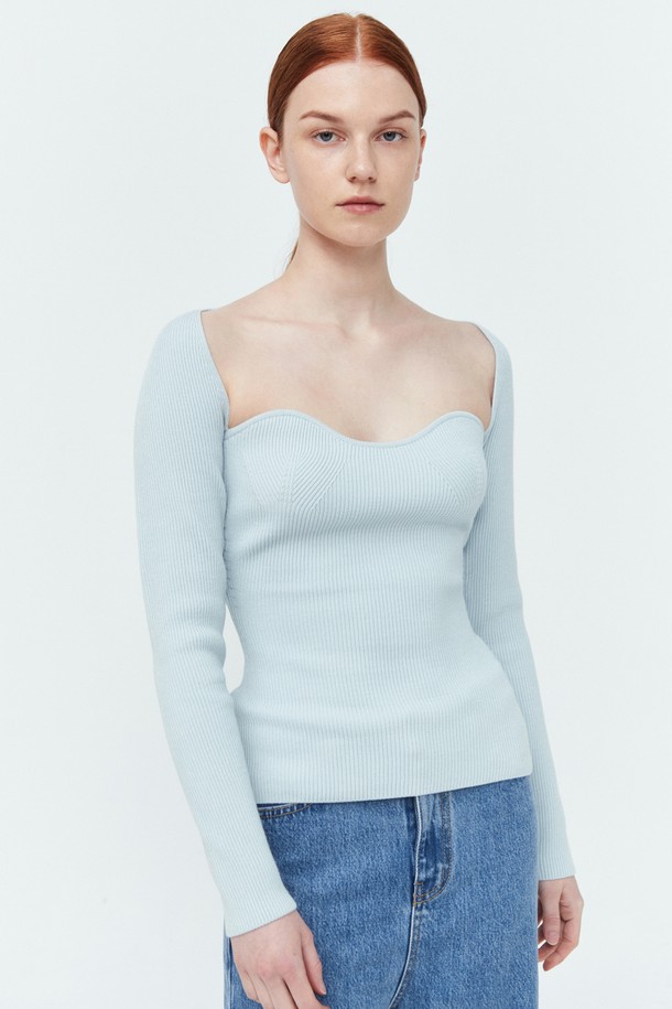 pelote - 긴소매 티셔츠 - Heart Neck Rib Knit Top