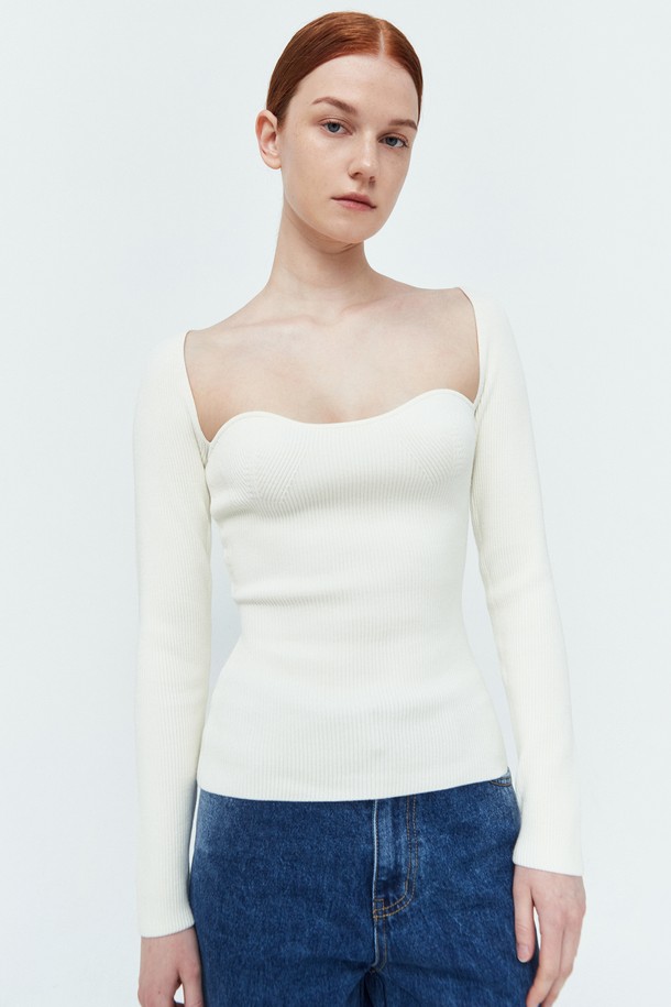 pelote - 긴소매 티셔츠 - Heart Neck Rib Knit Top