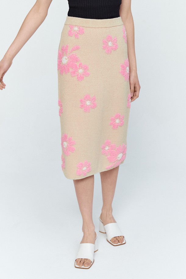 pelote - 미디스커트 - Jacquard Flower Pattern Midi Skirt