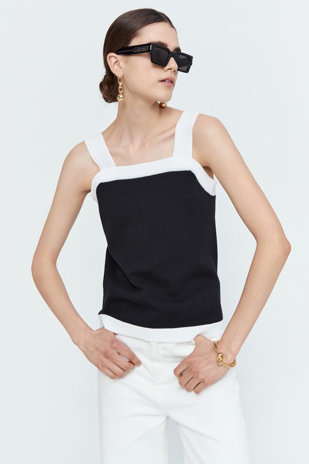 pelote - 민소매티셔츠 - Back Button Square Neck Knit Sleeveless