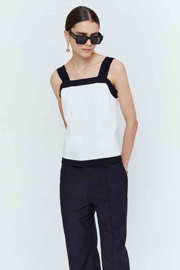 pelote - 민소매티셔츠 - Back Button Square Neck Knit Sleeveless