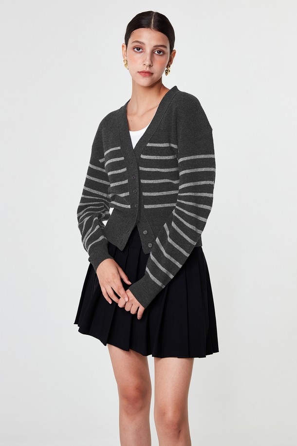 pelote - 가디건 - V-neck Striped Cardigan