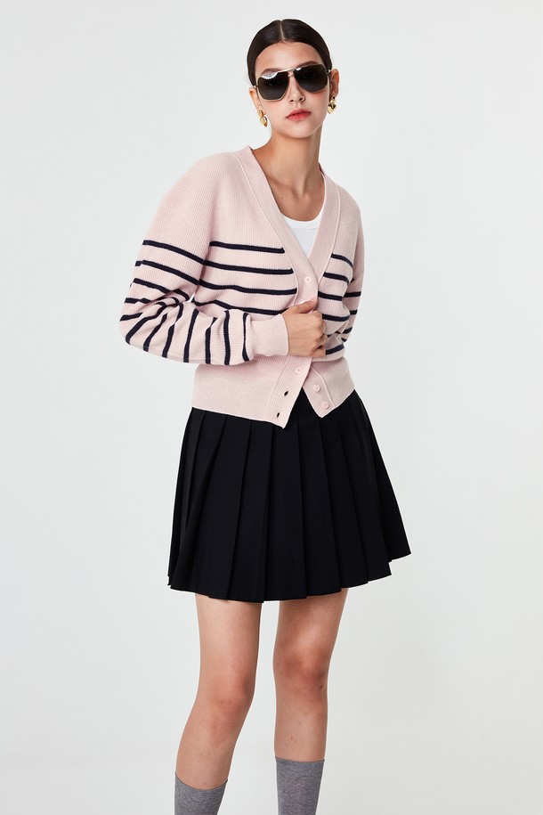 pelote - 가디건 - V-neck Striped Cardigan