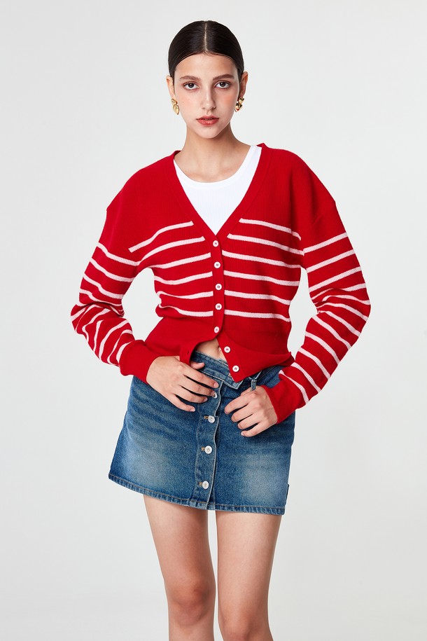 pelote - 가디건 - V-neck Striped Cardigan