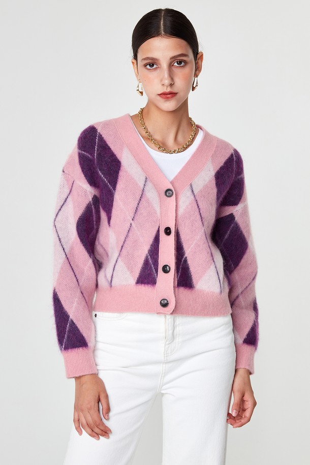 pelote - 가디건 - Mohair Argyle Crop Cardigan