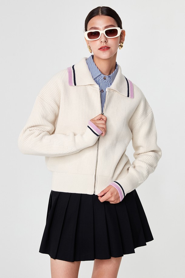 pelote - 가디건 - Collar Neck Zip-up Tasmania Wool Cardigan