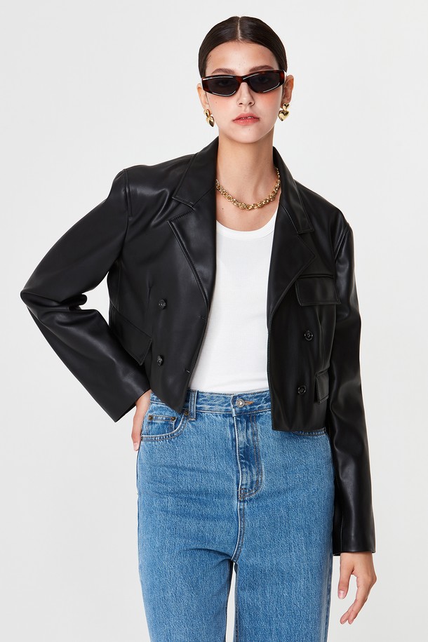 pelote - 레더 자켓 - Eco-Leather Dubble Button Crop Jacket