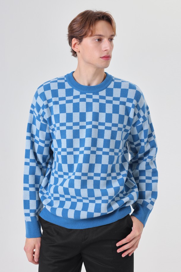 pelote - 스웨터 - Checkerboard Cashmere Round Neck Wool Knit