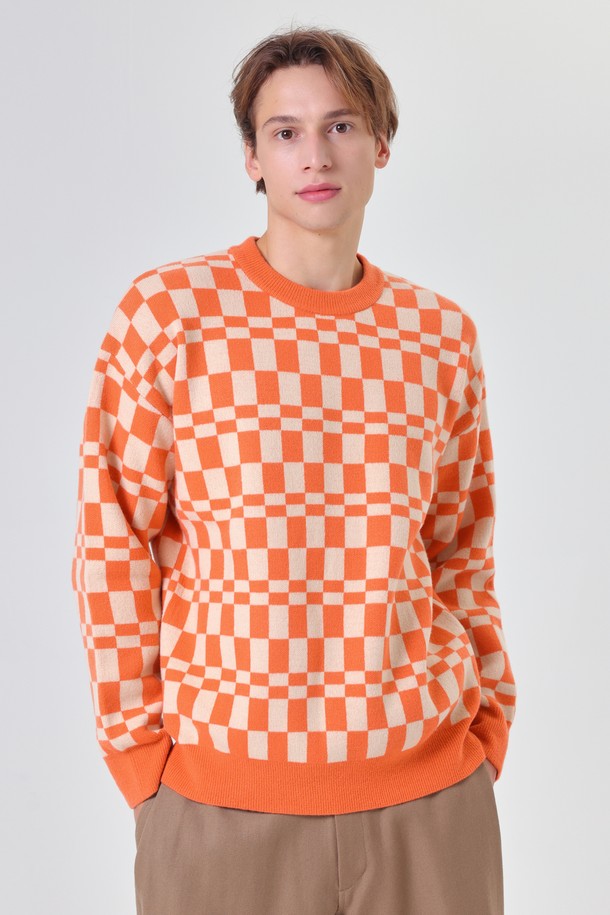 pelote - 스웨터 - Checkerboard Cashmere Round Neck Wool Knit