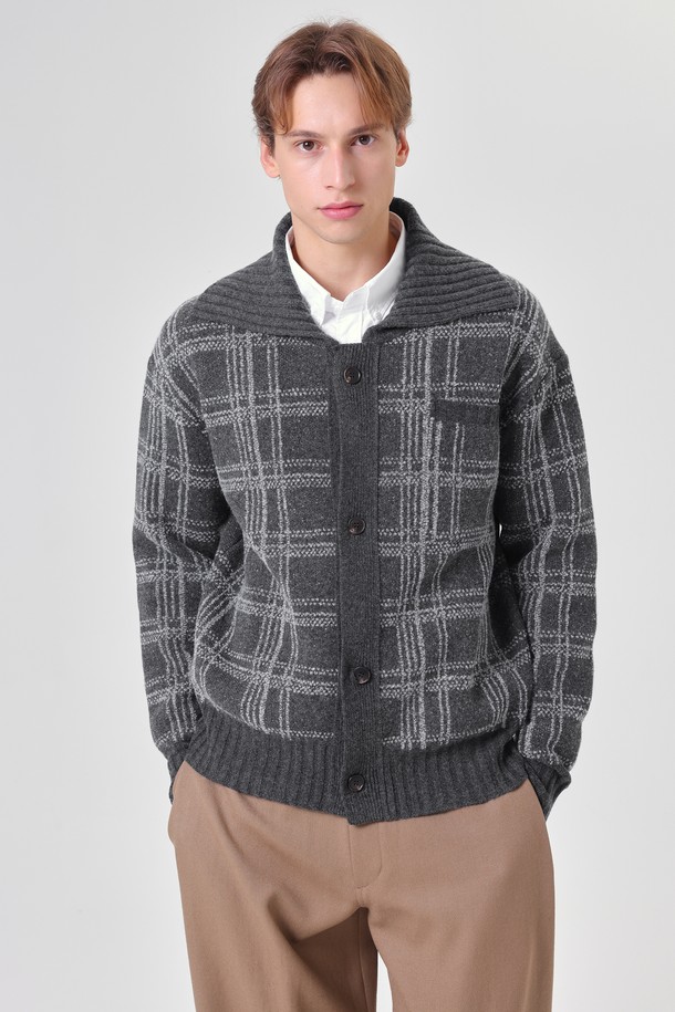 pelote - 가디건 - Tartan Check Collar Neck Boucle Wool Cardigan