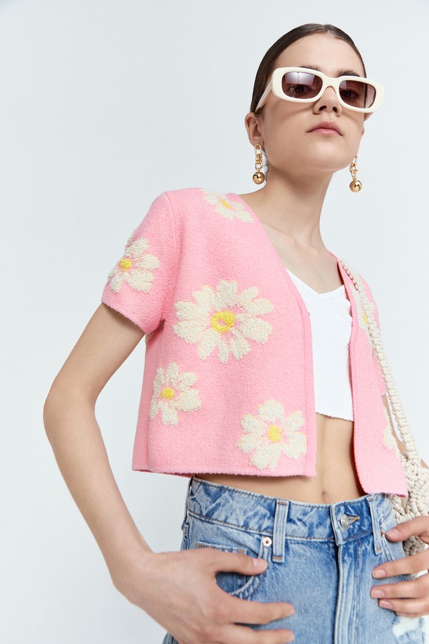 pelote - 가디건 - Jacquard Flower-Patterned Bolero Cardigan