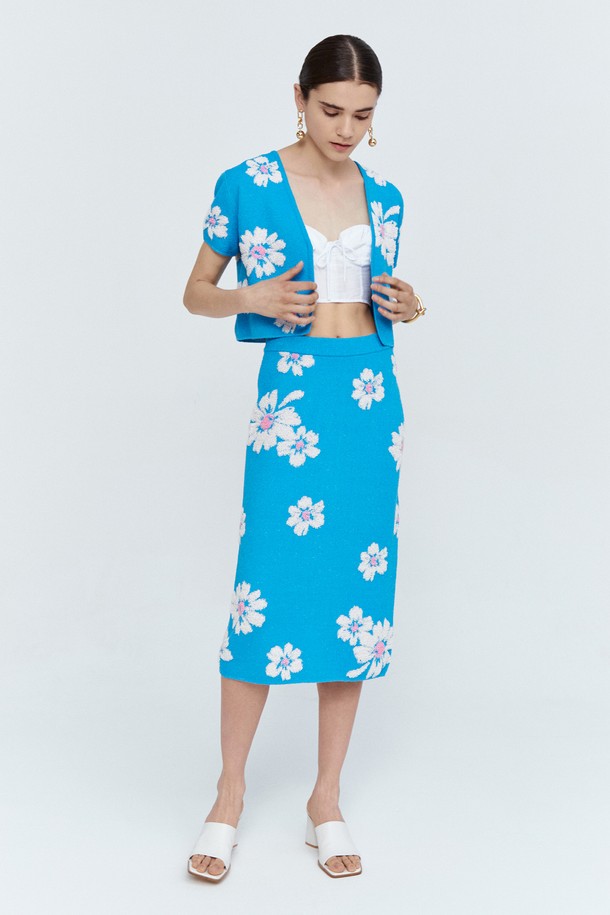 pelote - 미디스커트 - Jacquard Flower Pattern Midi Skirt