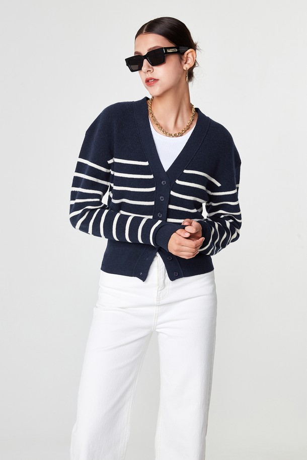 pelote - 가디건 - V-neck Striped Cardigan