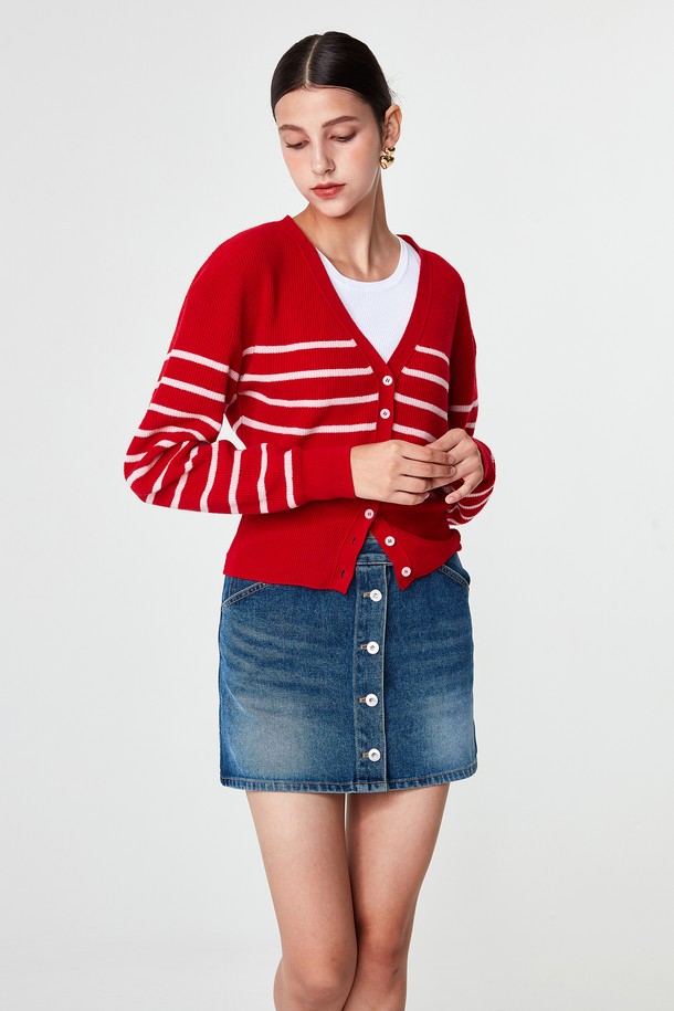 pelote - 가디건 - V-neck Striped Cardigan