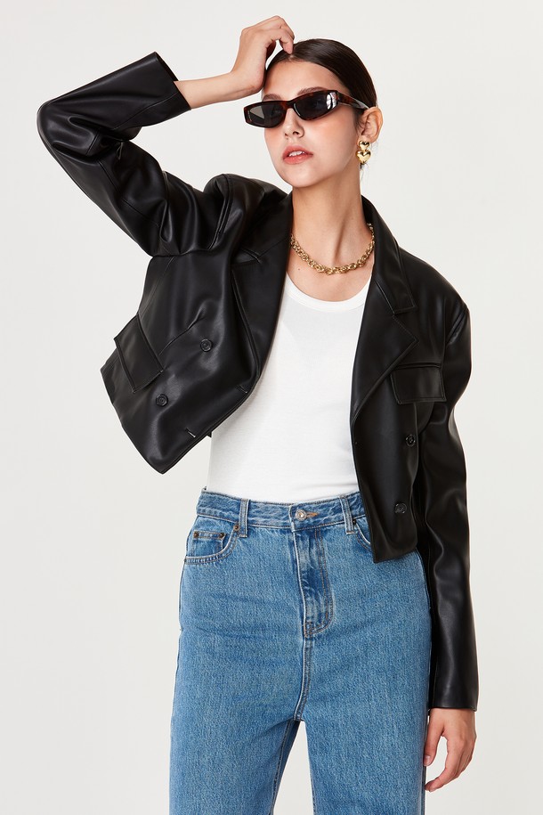 pelote - 레더 자켓 - Eco-Leather Dubble Button Crop Jacket