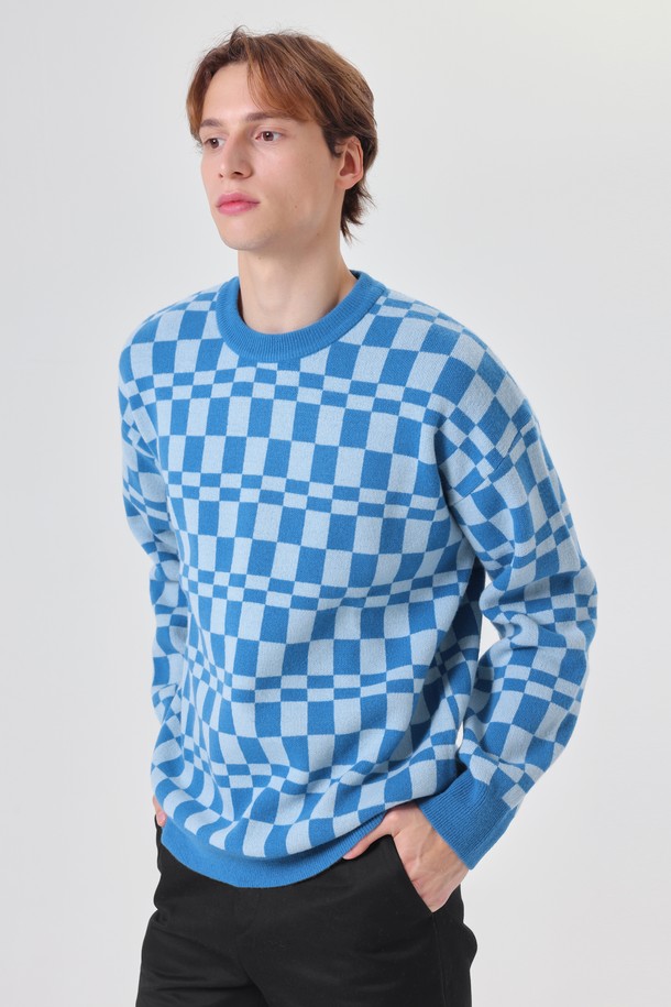 pelote - 스웨터 - Checkerboard Cashmere Round Neck Wool Knit