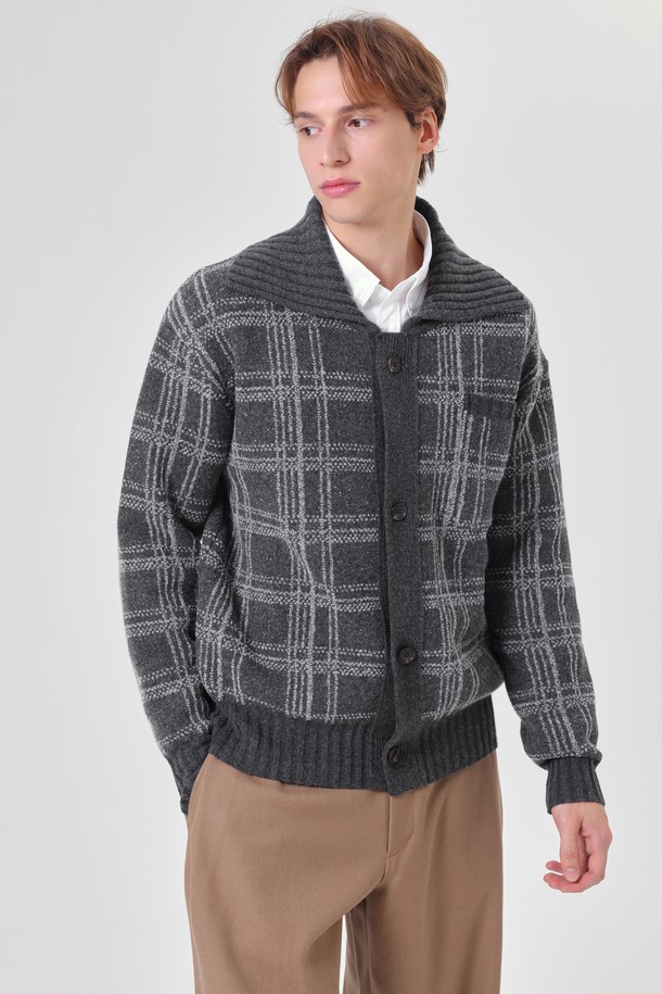 pelote - 가디건 - Tartan Check Collar Neck Boucle Wool Cardigan