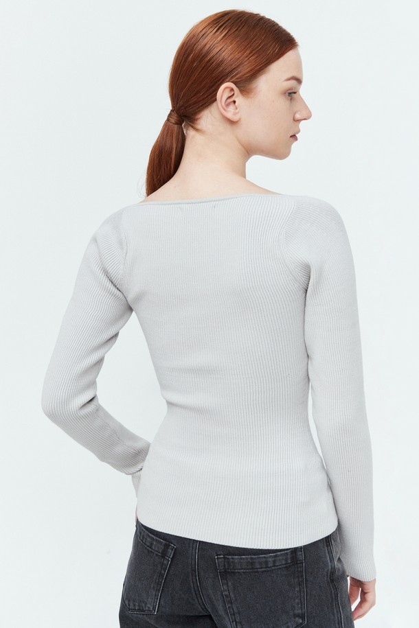 pelote - 긴소매 티셔츠 - Heart Neck Rib Knit Top