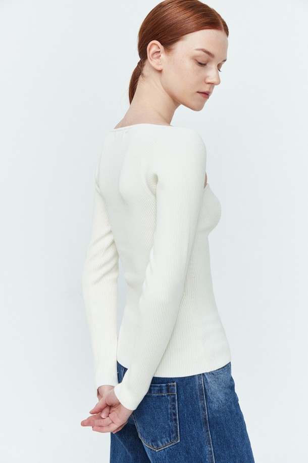 pelote - 긴소매 티셔츠 - Heart Neck Rib Knit Top